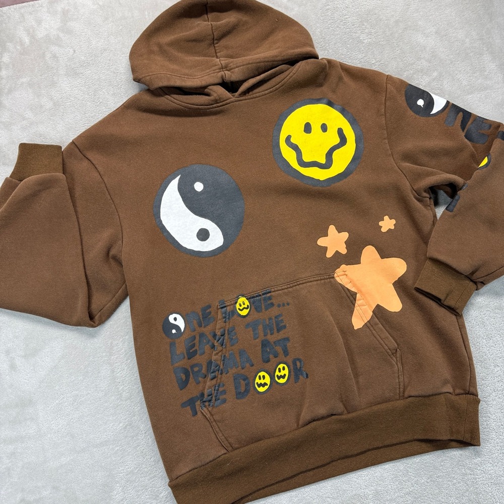 PacSun Sweatshirt Men's Medium Hoodie Brown Smiley Yin Yang One Love Streetwear - Picture 1 of 9